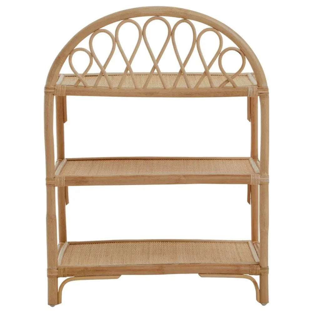 Natural rattan shelf unit with three tiers and decorative arched top, furniture storage display