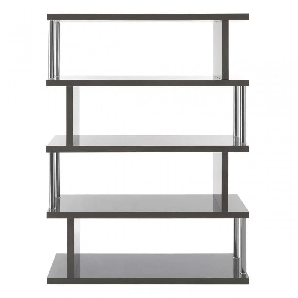 Modern black bookcase with open shelving and chrome accents, straight front view