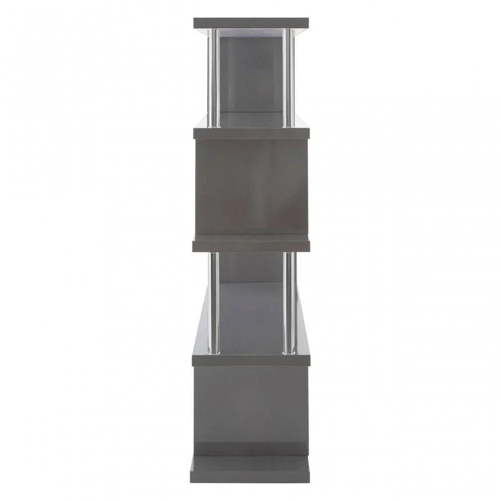 Side view of grey shelving unit with chrome supports and three staggered shelves
