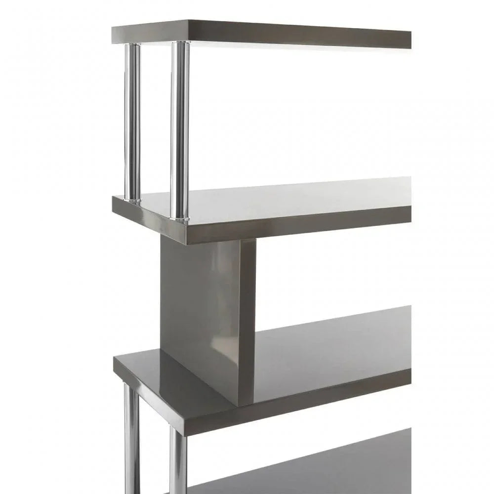 Modern grey shelving unit with chrome supports and staggered shelves