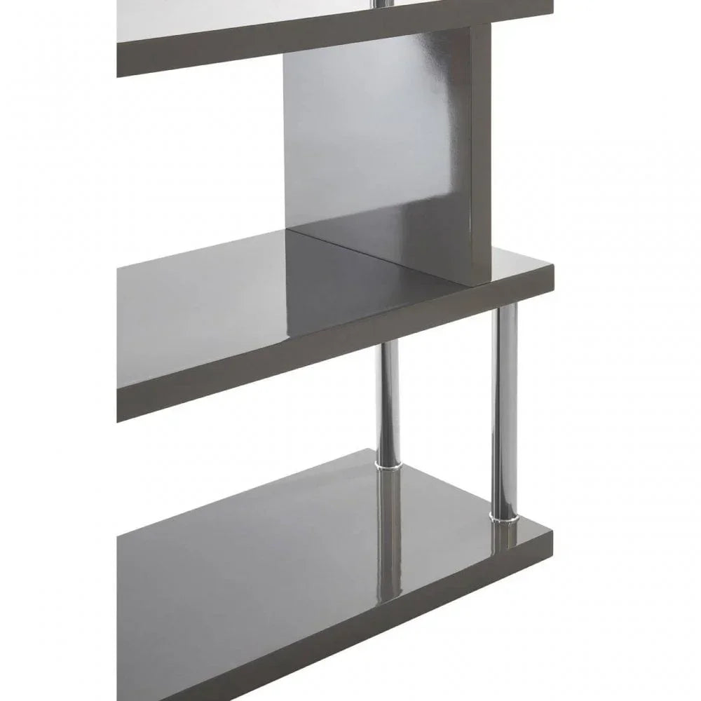Glossy grey shelving unit with chrome supports, close-up of modern furniture shelves