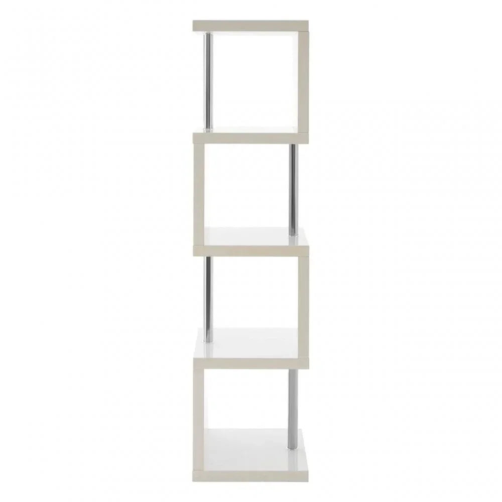 White modern shelving unit with chrome supports, four-tier open side view