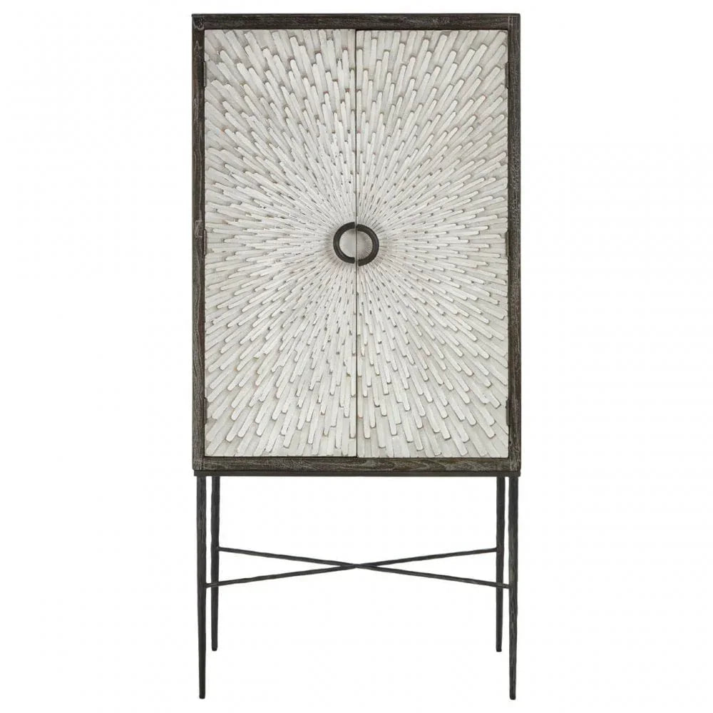 White wood cabinet with sunburst pattern doors and metal legs