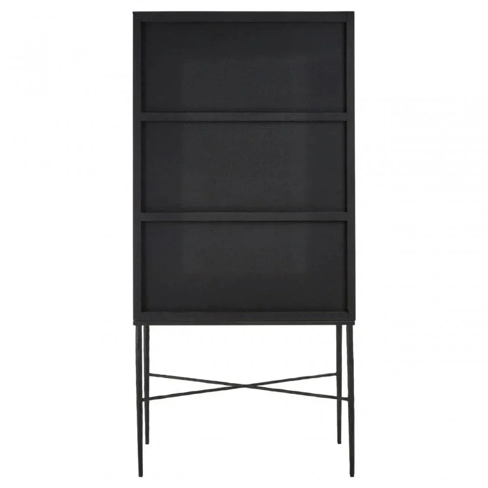 Black metal display cabinet with glass doors and slim legs on white background