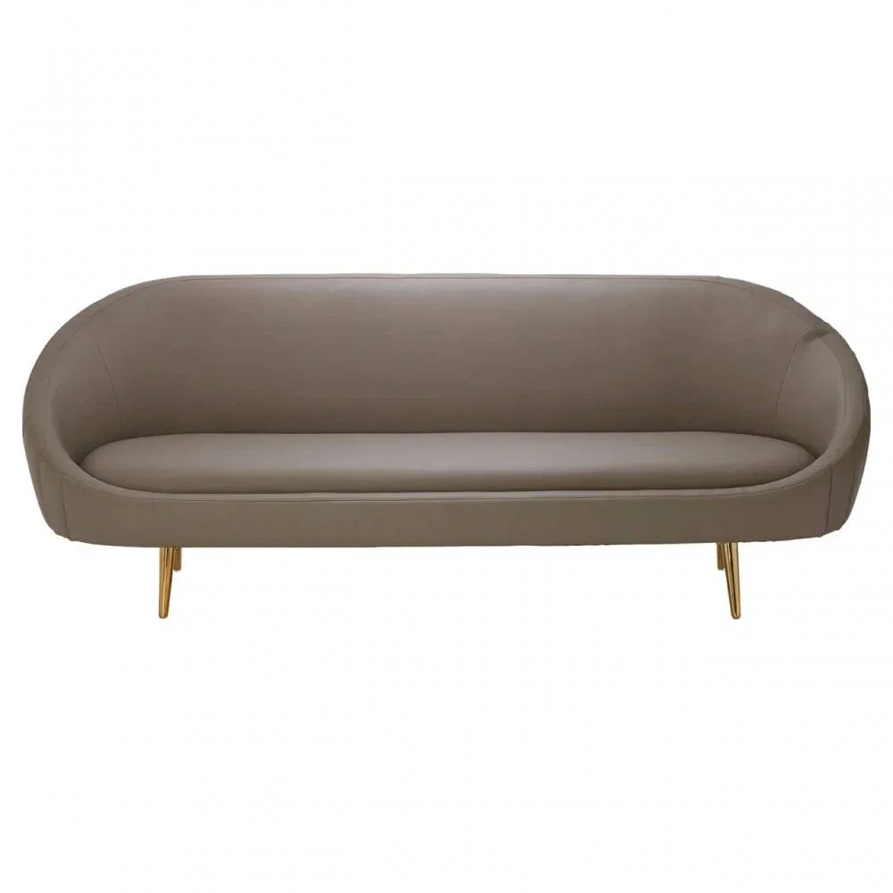 Taupe sofa with curved backrest and gold metal legs, modern living room furniture