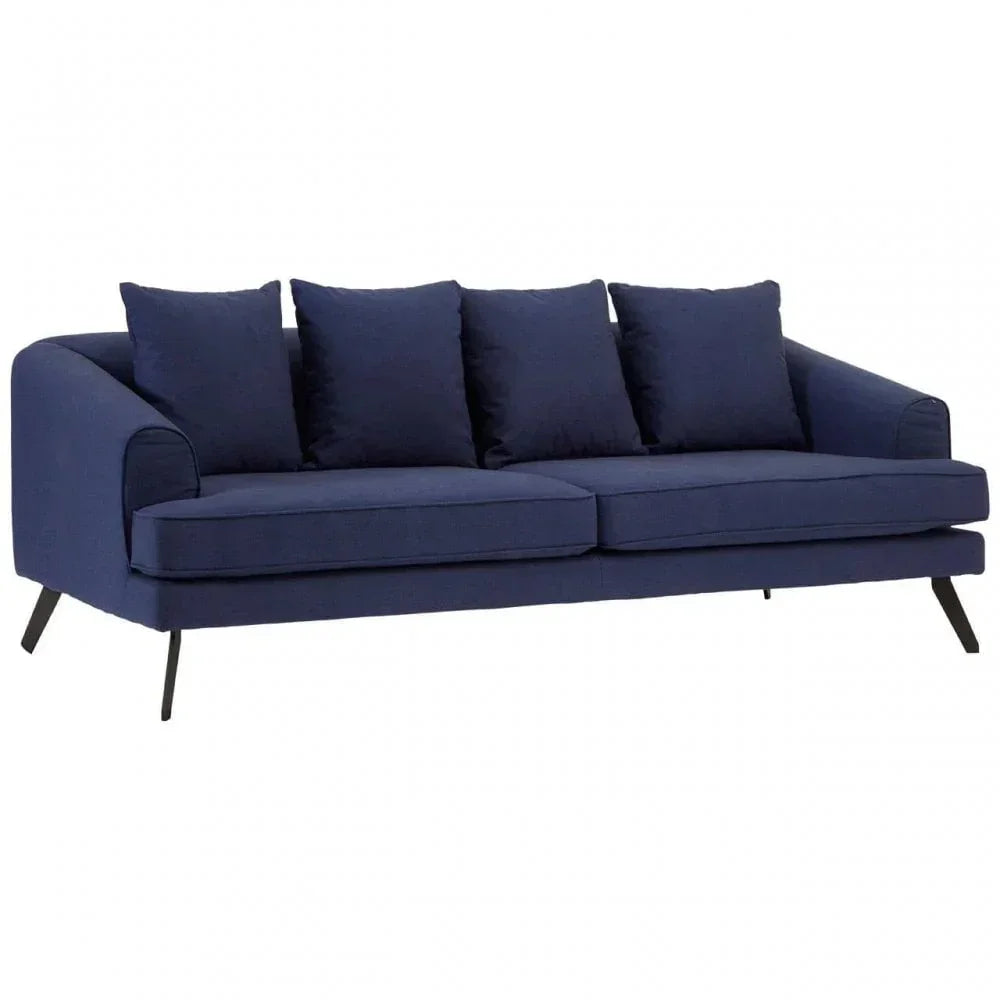 Navy blue fabric sofa with four cushions and black angled legs