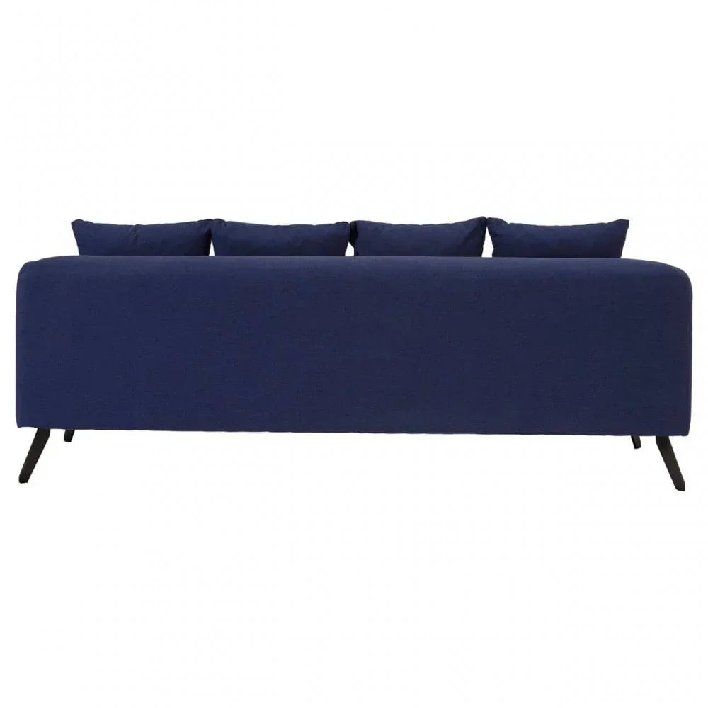 Back view of navy blue fabric sofa with black angled legs and five matching back cushions