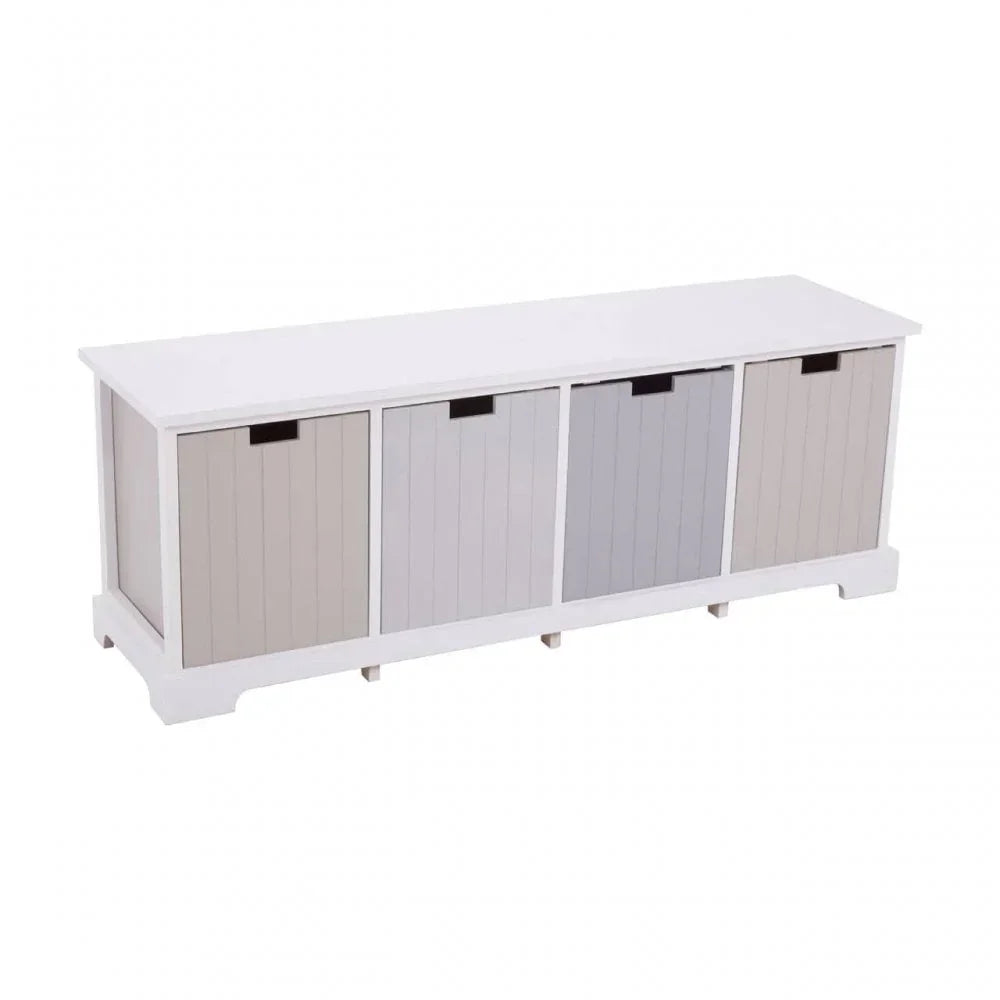 Wooden storage bench with four panelled compartments in white and pastel grey tones
