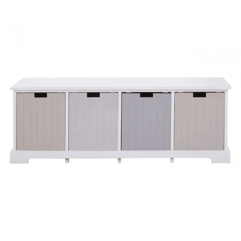 Wooden storage bench with four paneled drawers in white and grey finish, front view