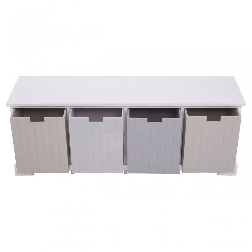 White wooden storage bench with four pull-out panelled drawers, top view