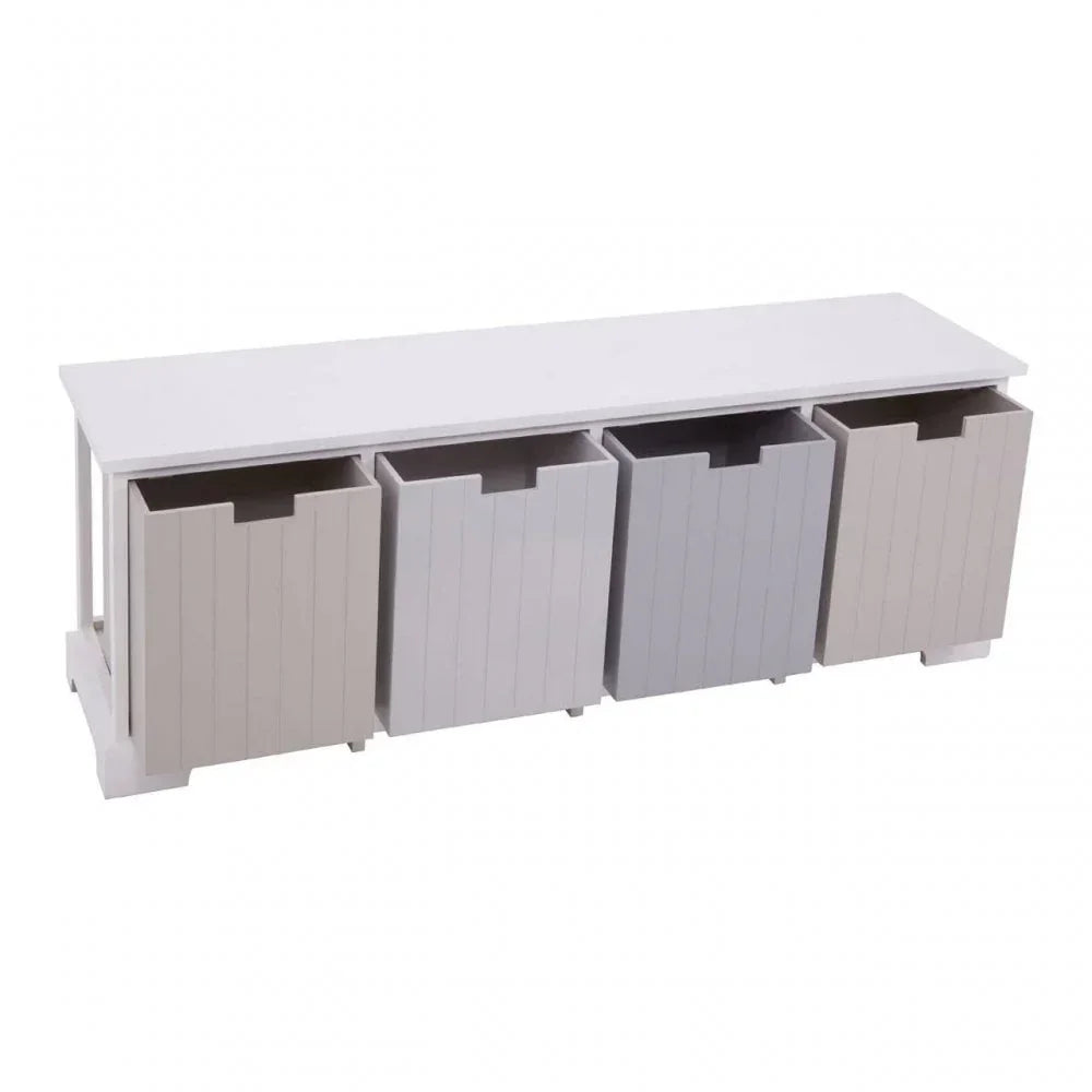 Wooden storage bench with four pull-out crate drawers in white and grey finish