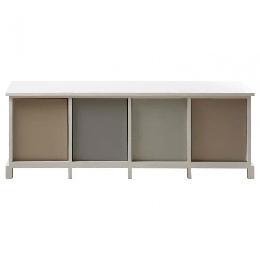 Wooden storage bench with four cube compartments in neutral shades, front view