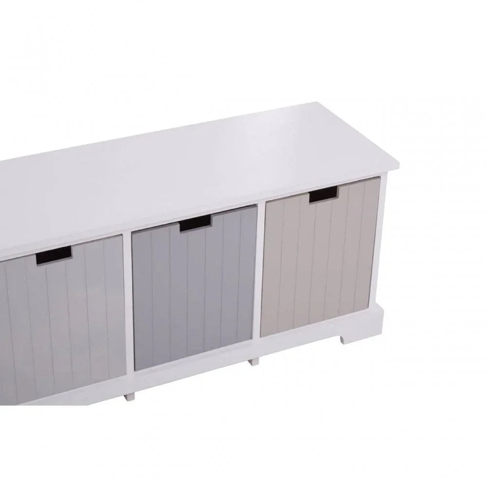 White wooden storage bench with three panelled drawers in grey and beige tones