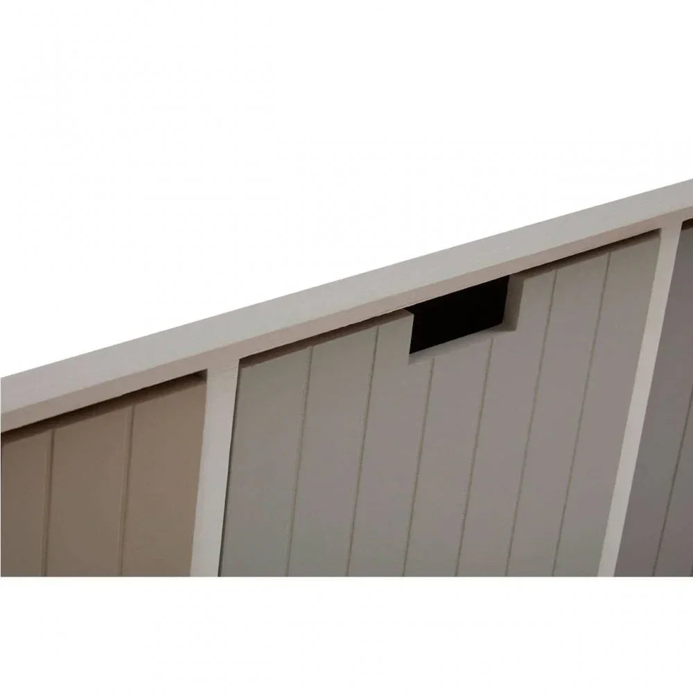 Garden shed roof with light grey paneling and notched ventilation cutout