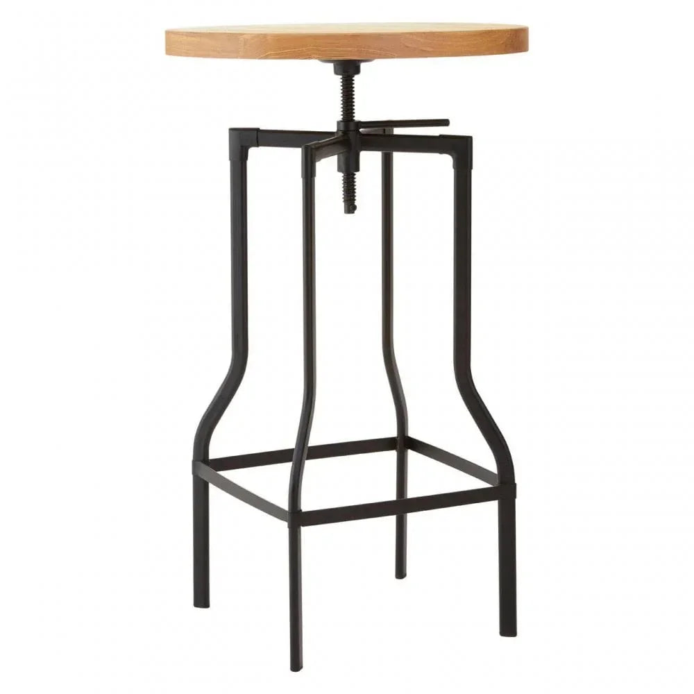 Industrial stool with black metal base and round wooden seat, side angle view