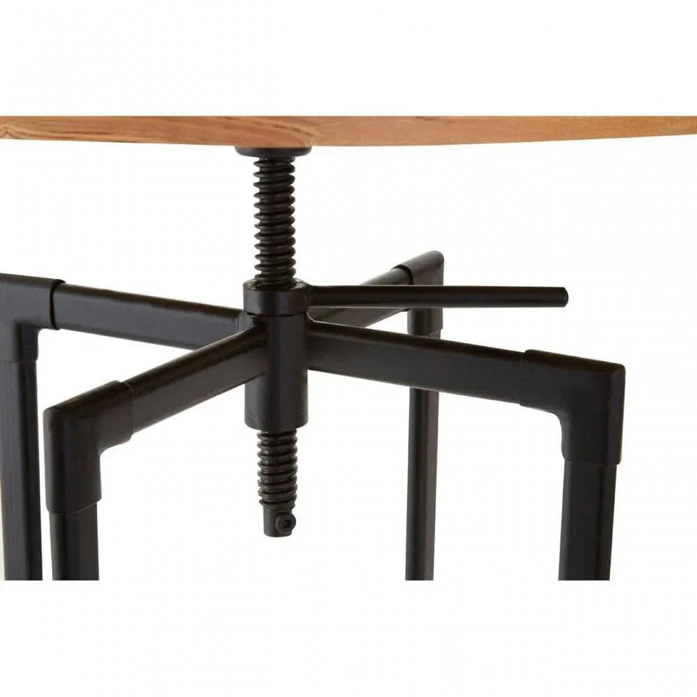 Industrial side table with metal adjustable screw base and wooden tabletop, close-up