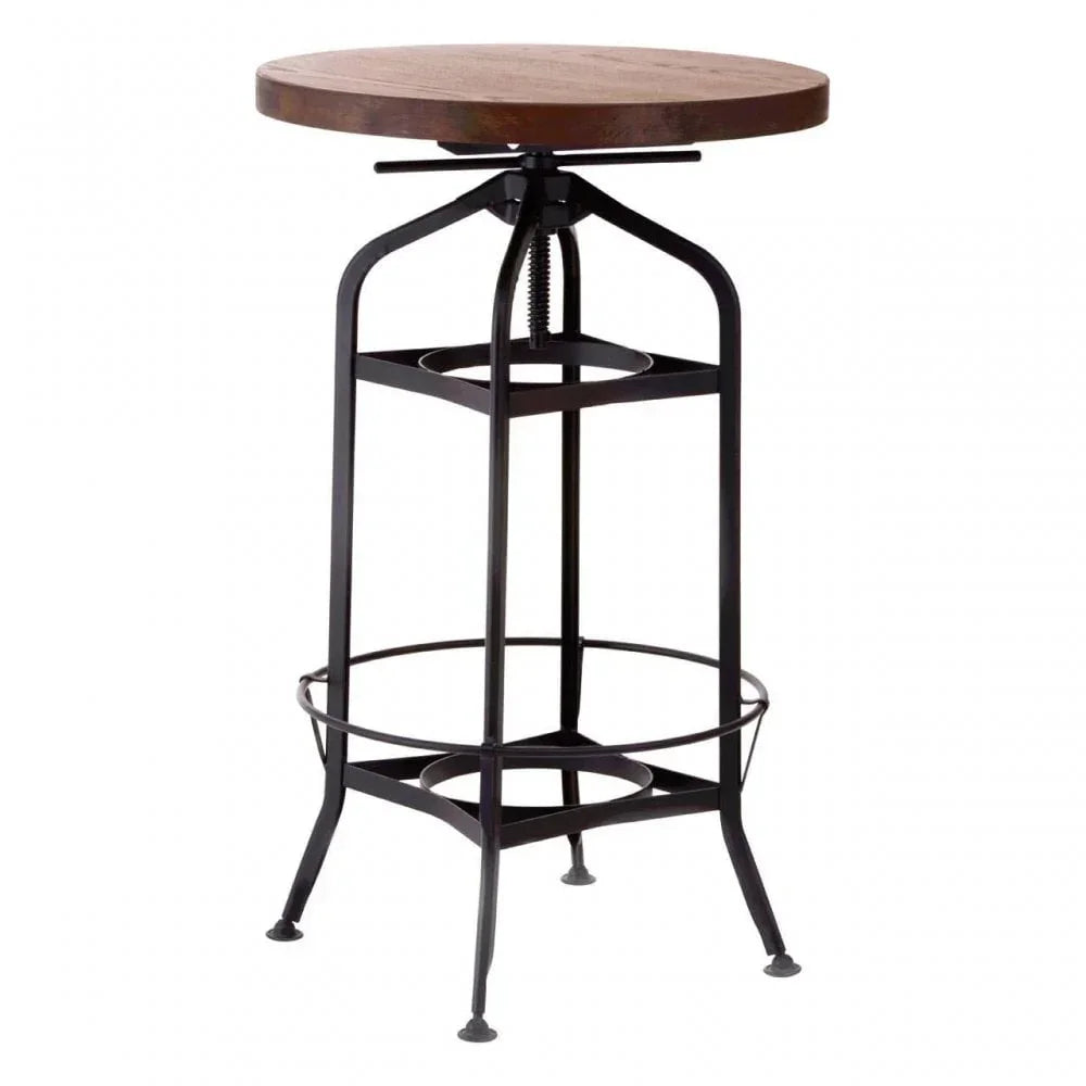 Industrial bar stool with round wooden seat and black metal frame, side angle view