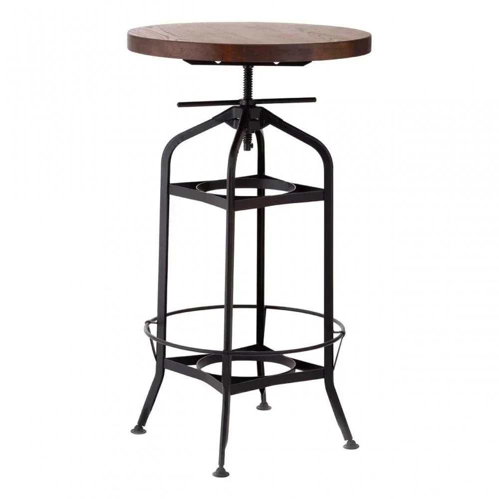 Industrial bar stool with round wooden seat and black metal frame, side angle view