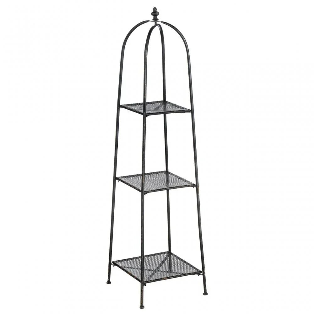 Black metal three tier shelving unit with mesh shelves and arched frame