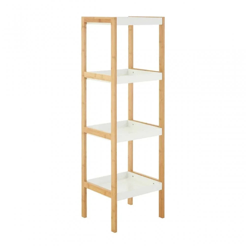Four-tier bamboo and white shelving unit with open sides and rectangular shelves