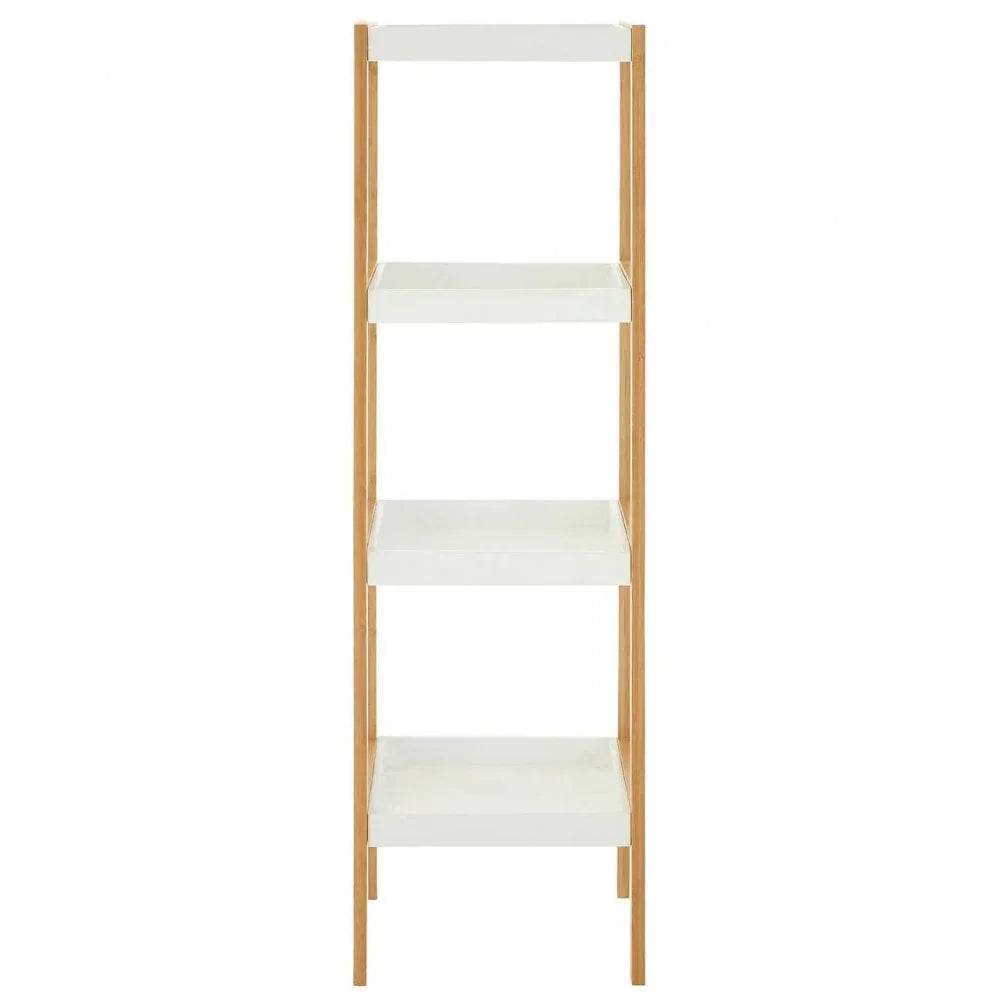 Tall wooden shelving unit with four white shelves, front view