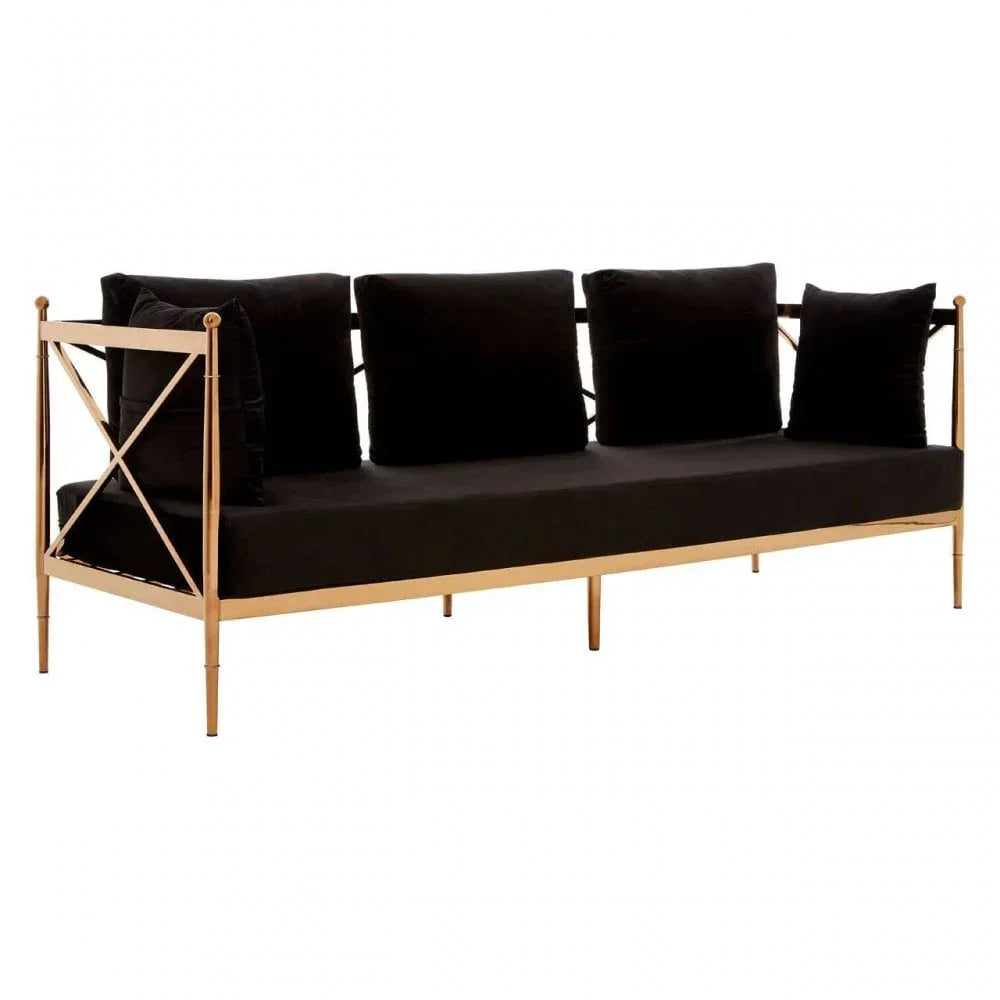 Black velvet sofa with gold metal frame and plush cushions, side and front view