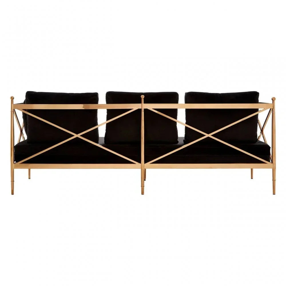 Three seater sofa with black cushions and gold metal frame, rear view