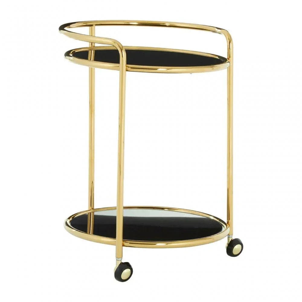 Gold metal drinks trolley with black glass shelves and caster wheels