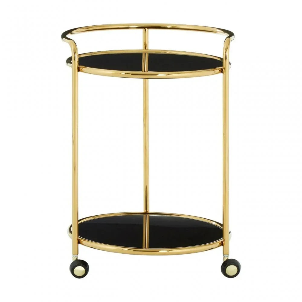 Gold metal and black glass round drinks trolley with two shelves and caster wheels