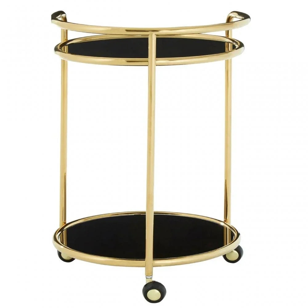 Gold metal drinks trolley with two black glass shelves and wheels, front angle view