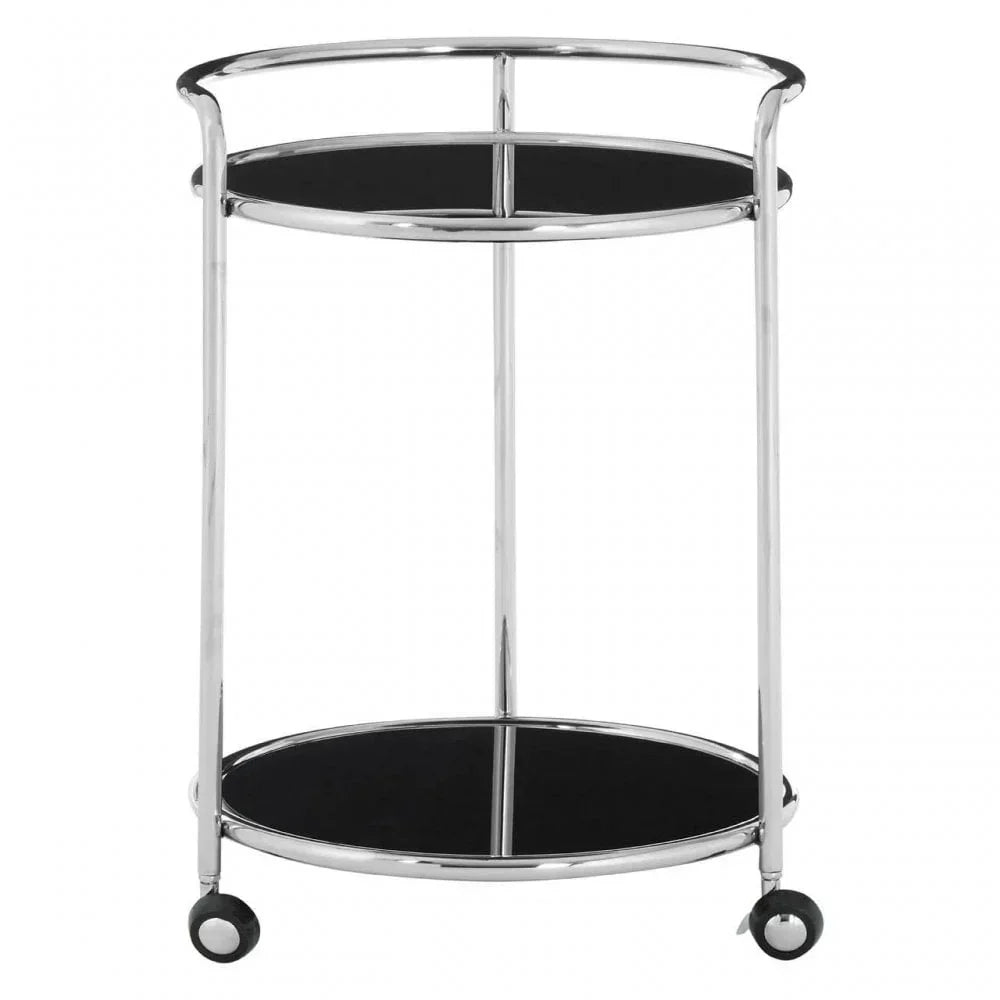 Chrome and black glass drinks trolley with two shelves and wheels