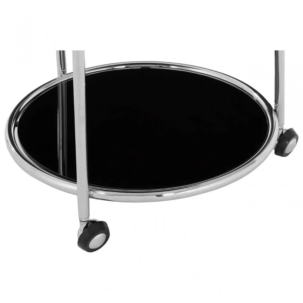 round chrome and black glass trolley base with caster wheels