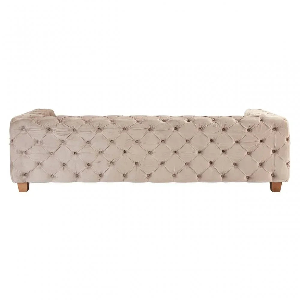 Beige velvet sofa with deep button tufting and wooden legs, rear view