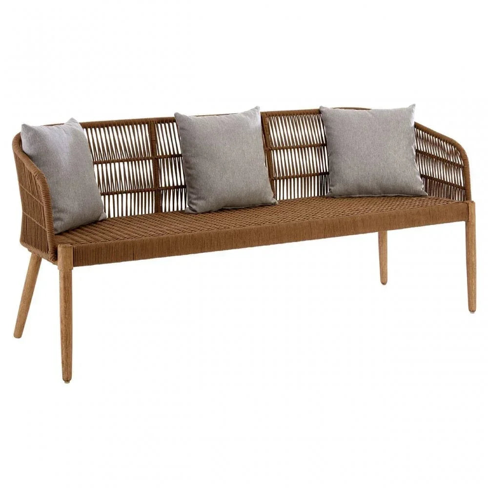 Brown rattan sofa with open weave back and four grey cushions, angled side view