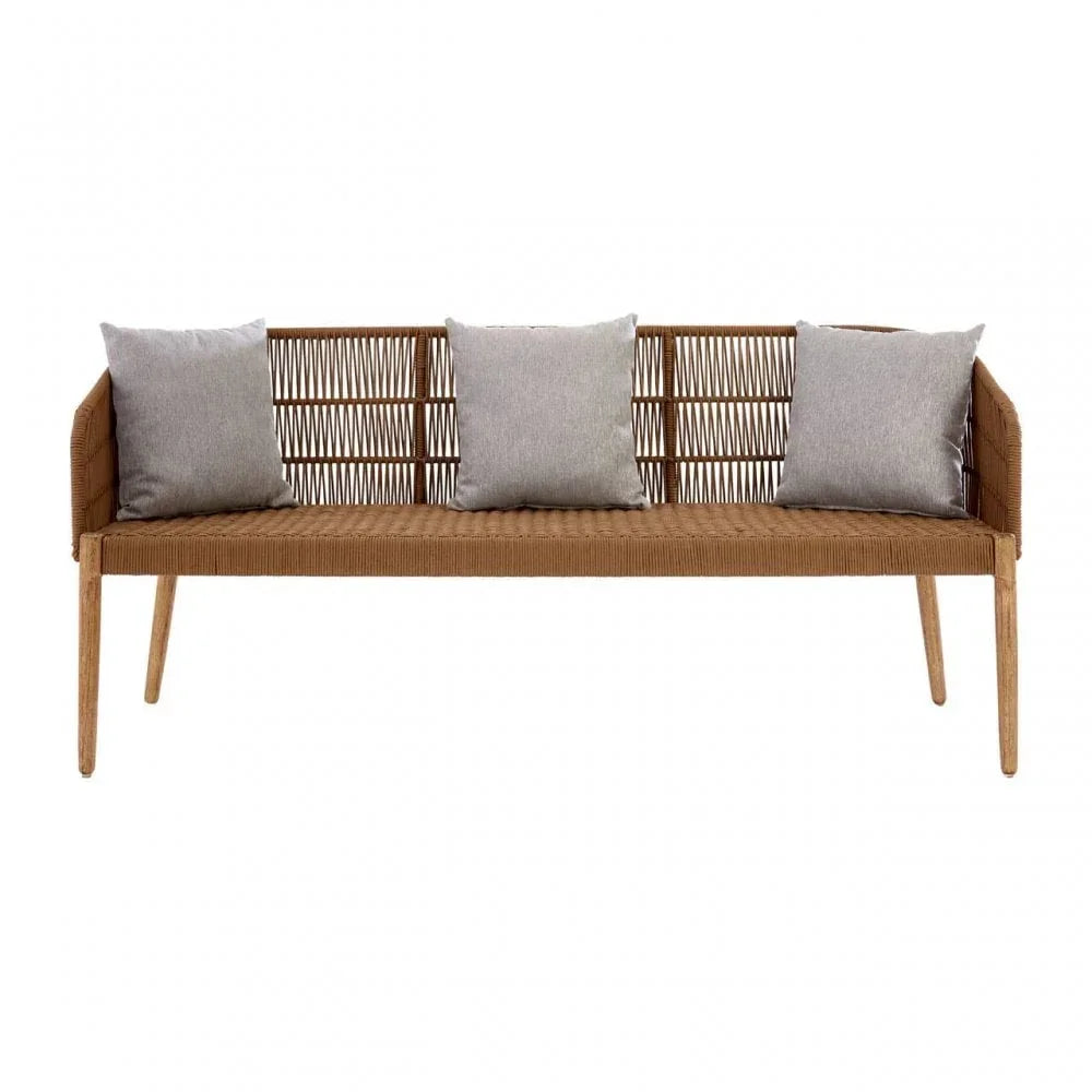 Natural rattan sofa with woven back and seat, three grey cushions, front view