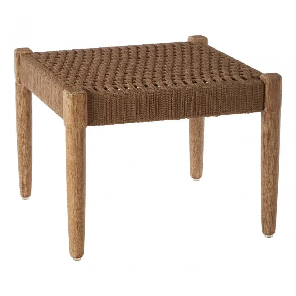 Natural wood stool with woven brown rope seat, square legs, modern furniture accent piece