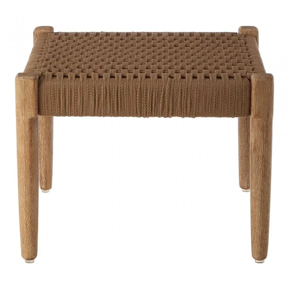 Brown woven stool with wooden legs, front angle view, textured seat furniture