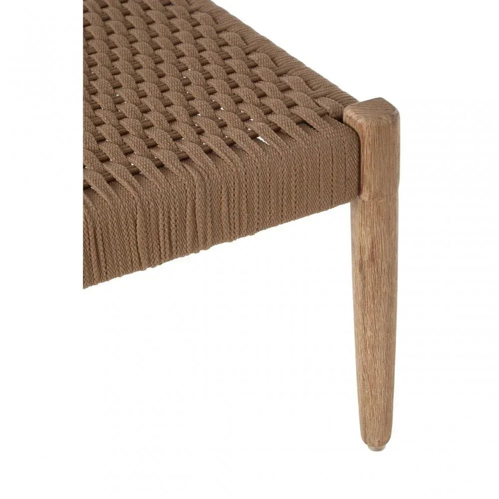 Close view of woven rope bench seat with light wood leg