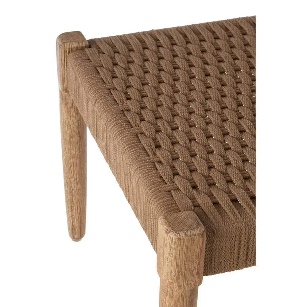 Close view of woven rope bench seat with natural wood legs