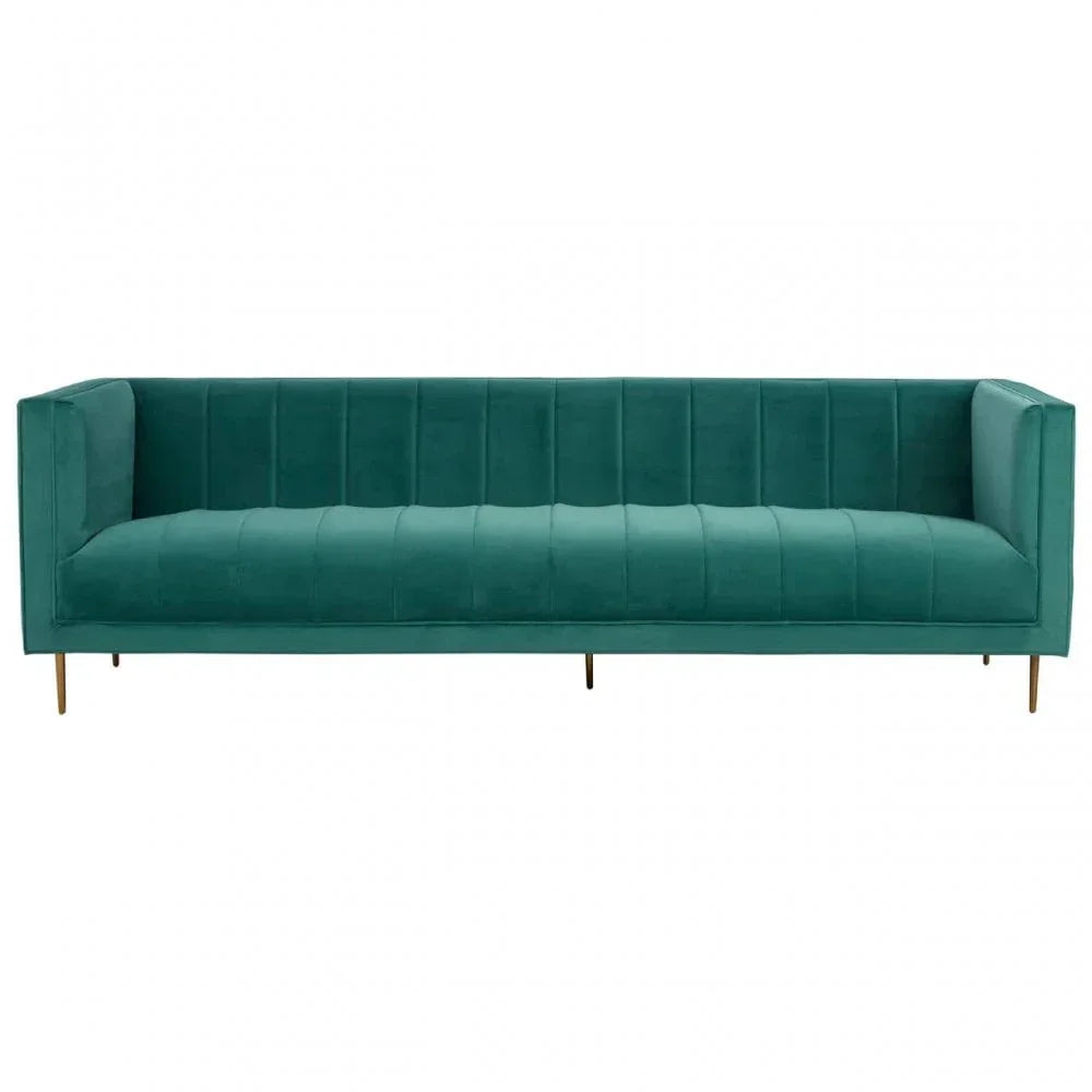 Teal velvet sofa with vertical stitching and gold metal legs, front view