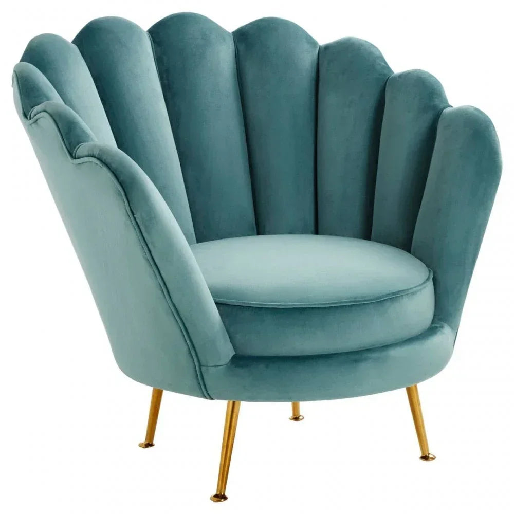 Teal velvet accent chair with scalloped back and gold metal legs