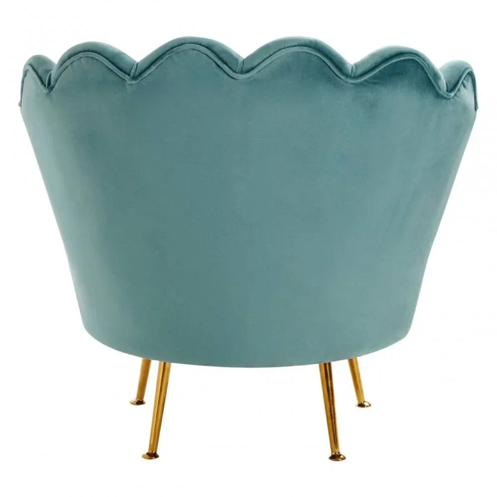 Velvet accent chair in teal with scalloped backrest and gold metal legs, rear view