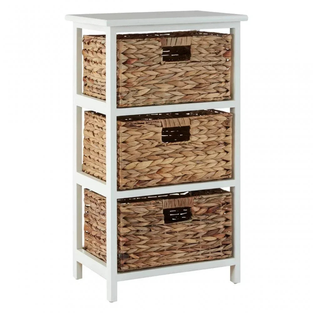 White storage unit with three natural wicker drawers and open handles