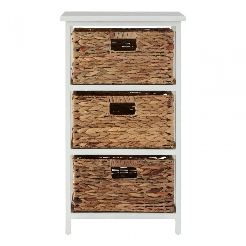White storage unit with three woven rattan drawers, front view