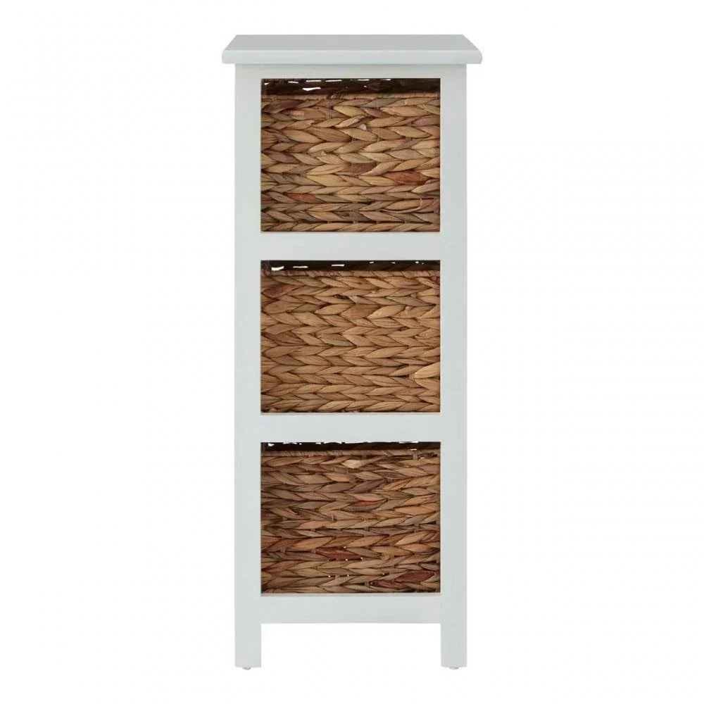 White storage unit with three rattan drawers, front view