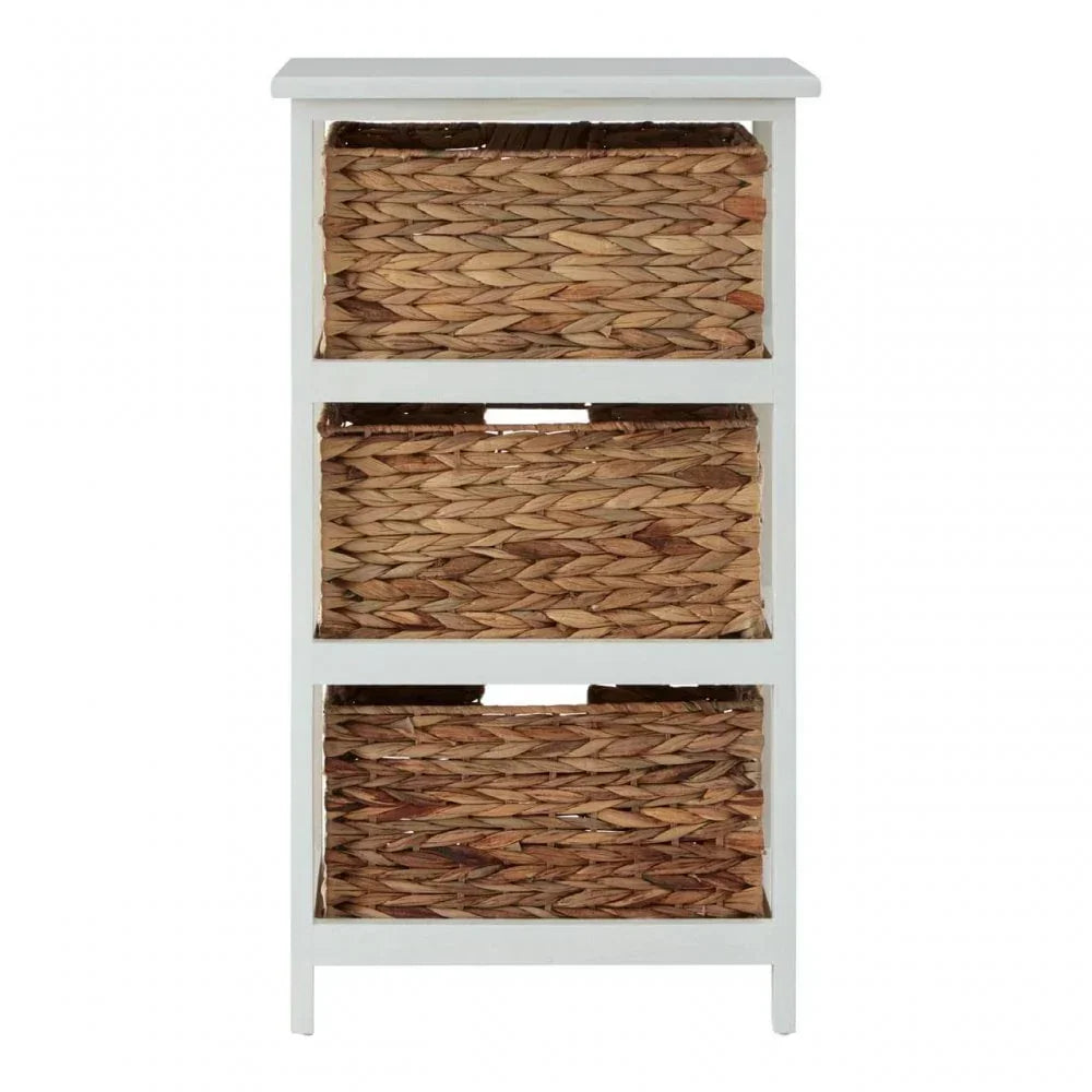 White wooden storage unit with three wicker baskets in natural finish