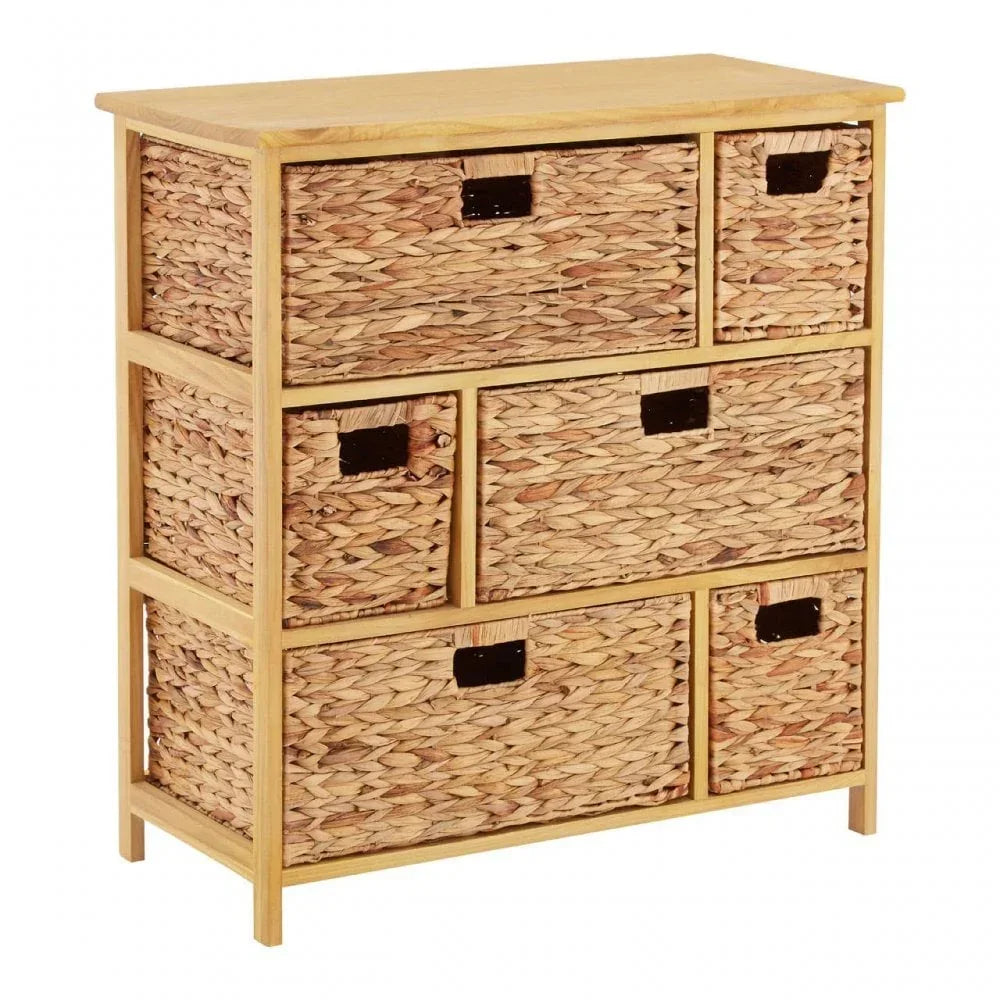 Wooden chest of drawers with six woven wicker storage baskets