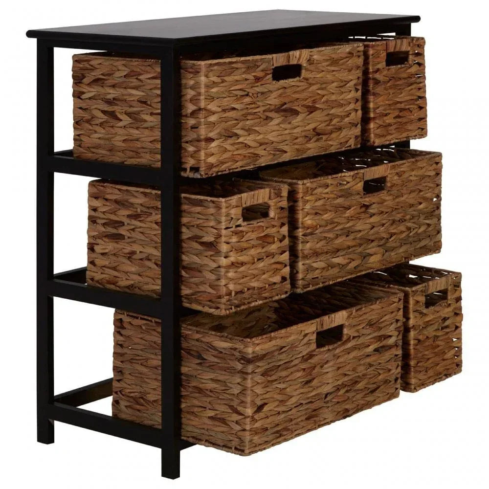 Wood storage unit with five woven wicker baskets and black frame, side angle view