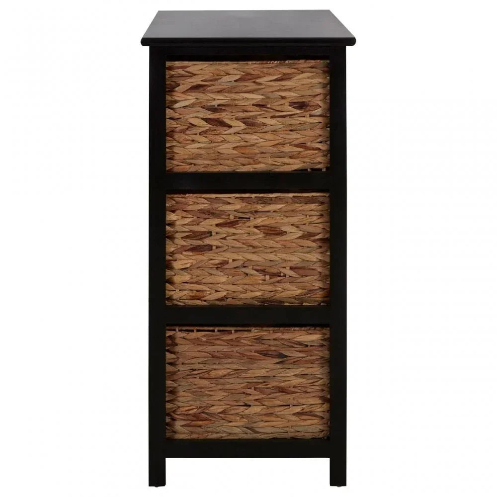 Black wooden chest with three woven rattan drawers for home storage