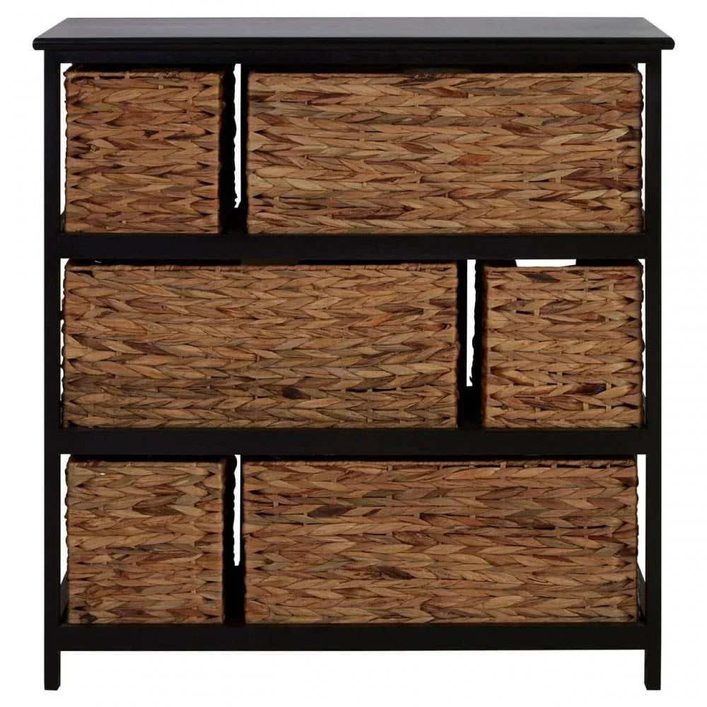 Black wooden storage unit with six woven basket drawers, front view